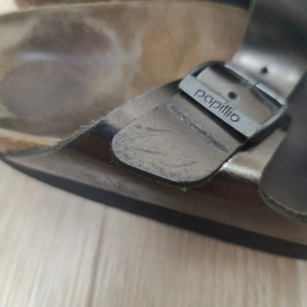 Papillio Birkenstock Arizona Platform Sandals Womens 36 Pewter Metallic Slides
